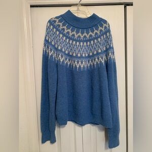 J. Crew Fair Isle Mockneck Pullover Sweater Blue Relaxed Fit Lambswool Blend